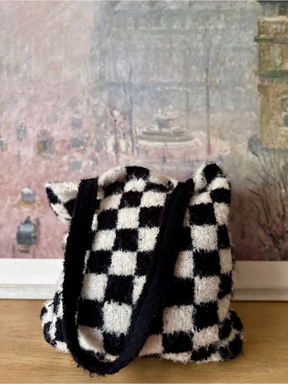 Free People Black and Cream Checkerboard Fuzzy Tote Bag